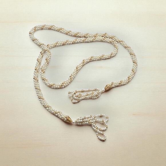 Pearl Beaded Tassel Necklace Long Rope Flapper Style Vintage Jewelry - Picture 7 of 8